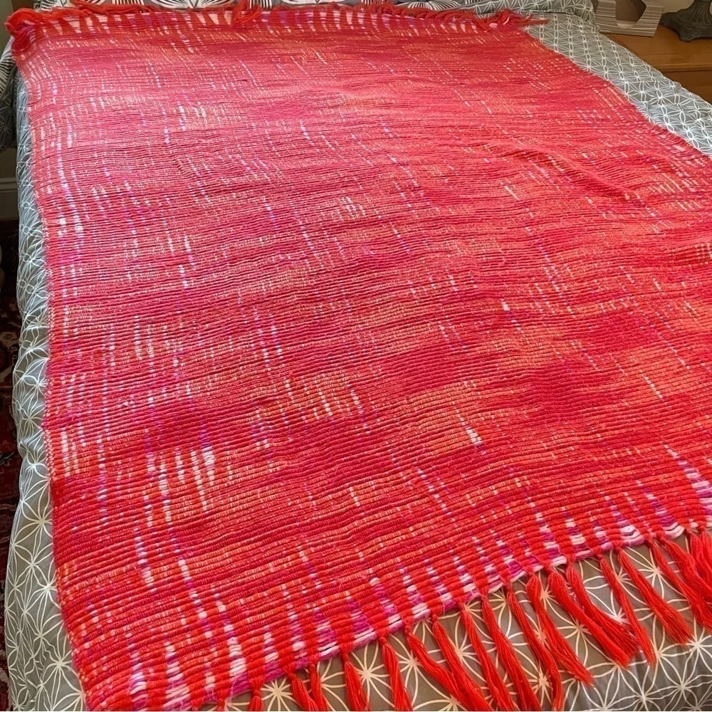 Boho Bright Orange acrylic throw with tassel fringe organic weave 70” x 50”‌‍‍‍‍